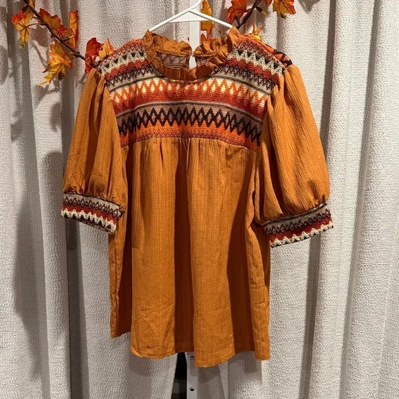 Boho 70’s vibe Embroidered Detailed top Sz.XL rusk orange color - Picture 2 of 11
